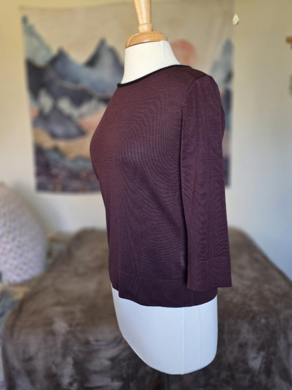 Caslon 100% Silk Sweater Womens L Brown Boatneck 3/4 Sleeve Split Cuff Luxury - Picture 6 of 16